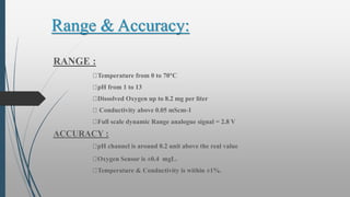 Range & Accuracy:
RANGE :
Temperature from 0 to 70°C
pH from 1 to 13
Dissolved Oxygen up to 8.2 mg per liter
Conductivity above 0.05 mScm-1
Full scale dynamic Range analogue signal = 2.8 V
ACCURACY :
pH channel is around 0.2 unit above the real value
Oxygen Sensor is ±0.4 mgL.
Temperature & Conductivity is within ±1%.
 