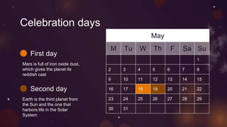 Celebration days
May
M Tu W Th F Sa Su
1
2 3 4 5 6 7 8
9 10 11 12 13 14 15
16 17 18 19 20 21 22
23 24 25 26 27 28 29
30 31
First day
Mars is full of iron oxide dust,
which gives the planet its
reddish cast
Second day
Earth is the third planet from
the Sun and the one that
harbors life in the Solar
System
 