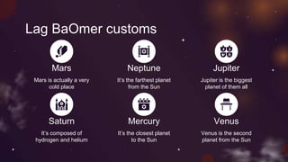 Lag BaOmer customs
Mars
Mars is actually a very
cold place
Neptune
It’s the farthest planet
from the Sun
Jupiter
It’s composed of
hydrogen and helium
Mercury
It’s the closest planet
to the Sun
Jupiter is the biggest
planet of them all
Saturn Venus
Venus is the second
planet from the Sun
 