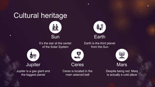 Cultural heritage
Sun Earth
It’s the star at the center
of the Solar System
Earth is the third planet
from the Sun
Jupiter
Jupiter is a gas giant and
the biggest planet
Ceres
Ceres is located in the
main asteroid belt
Mars
Despite being red, Mars
is actually a cold place
 