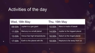 Activities of the day
Wed, 18th May Thu, 19th May
09:00h Jupiter is a gas giant 10:00h Mars is made of basalt
11:00h Mercury is a small planet 14:00h Jupiter is the biggest planet
13:00h Venus has high temperatures 16:00h Saturn is the ringed planet
17:00h Earth is the planet with life 18:00h Neptune is far away from us
 
