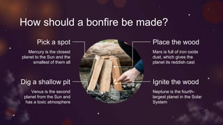 How should a bonfire be made?
Pick a spot
Mercury is the closest
planet to the Sun and the
smallest of them all
Dig a shallow pit
Venus is the second
planet from the Sun and
has a toxic atmosphere
Place the wood
Mars is full of iron oxide
dust, which gives the
planet its reddish cast
Ignite the wood
Neptune is the fourth-
largest planet in the Solar
System
 