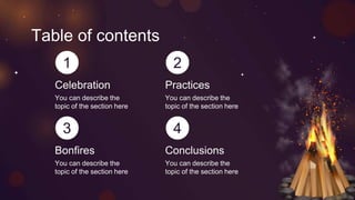 Table of contents
1
You can describe the
topic of the section here
Celebration
2
Practices
You can describe the
topic of the section here
3
Bonfires
You can describe the
topic of the section here
4
Conclusions
You can describe the
topic of the section here
 