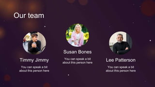 Our team
Timmy Jimmy
You can speak a bit
about this person here
Susan Bones
You can speak a bit
about this person here
Lee Patterson
You can speak a bit
about this person here
 