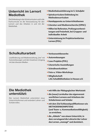 Unterricht im Lernort                              • Mediothekseinführung im 5. Schuljahr

     Mediothek                                          • Spiralcurriculare Einbindung ins
                                                          Methodencurriculum
     Die Einbindung in das Schulcurriculum und in die
     Fachcurricula ist die Voraussetzung für den        • Handapparate zu Unterrichtsthemen
     Lernort und das Arbeiten in und mit der
                                                        • Literatur-und Medienrecherche (OPAC)
     Mediothek.
                                                        • Hilfen bei Referaten, Prüfungsvorberei-
                                                          tungen und Freiarbeit, bei Gruppen- und
                                                          individueller Arbeit
                                                        • Unterstützung im Projektorientierten
                                                          Lernen (POL)




     Schulkulturarbeit                                  • Vorlesewettbewerbe
     Leseförderung und Medienerziehung „live“ mit       • Autorenlesungen
     Autorenlesungen und dem kreativen Umgang
     mit den diversen Medien.
                                                        • Lese-Projekte (POL)
                                                        • Literarische Ausstellungen
                                                        • Schreibwerkstätten
                                                        • Foto-u. Video-Workshops
                                                        • Mitgliedschaft
                                                          LAG Schulbibliotheken in Hessen e.V.




     Die Mediothek                                      • mit Hilfe der Pädagogischen Werkstatt
     unterstützt:                                       • die (neue) Lernkultur des eigenverant
     Der Lernort Mediothek unterstützt neue               wortlichen Lernens und Arbeitens der
     Unterrichtsformen und verändert Lehrer- und          Schülerinnen und Schüler
     Schülerrollen.
                                                        • mit dem Ziel Schlüsselqualifikationen wie
                                                          METHODENKOMPETENZ
                                                          (und Team- u. Kommunikationsfähigkeit)
                                                           zu erreichen;
                                                        • die „Abkehr“ von einem Unterricht, in
                                                          dem vorwiegend die Lehrerin/der Lehrer
                                                          das Lernen „managt“ und dominiert.



20
 