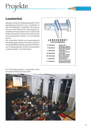 Projekte
Leseherbst
Jedes Jahr werden für die Jahrgangsstufen 5 bis 9
Jugendbuchautor(inn)en zum „Leseherbst in
der Schulbibliothek“ eingeladen. Die Autoren
lesen aus ihren Büchern vor und sprechen an-
schließend mit den Schülern. Bis zur Oberstufe
erleben die Schüler fünf Autoren und lernen die
unterschiedlichsten Bücher und Schreibstile
kennen.
Der „Leseherbst“ gehört zum Lesekonzept des
Franziskanergymnasiums Kreuzburg, genauso
wie die Bibliothekseinführungen aller Schüler in
der 10. Jahrgangsstufe mit den Schwerpunkten
„Literaturangabe“ und „Zitierweise“.




Ein Deutschleistungskurs veranstaltet einen
literarischen Abend zu Franz Kafka




                                                    31
 