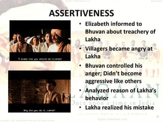 ASSERTIVENESS Elizabeth informed to Bhuvan about treachery of Lakha Villagers became angry at Lakha Bhuvan controlled his anger; Didn’t become aggressive like others Analyzed reason of Lakha’s behavior Lakha realized his mistake 