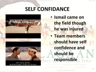 SELF CONFIDANCE  Ismail came on the field though he was injured Team members should have self confidence and should be responsible 