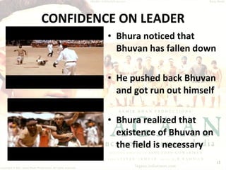 CONFIDENCE ON LEADER Bhura noticed that Bhuvan has fallen down He pushed back Bhuvan and got run out himself Bhura realized that existence of Bhuvan on the field is necessary 