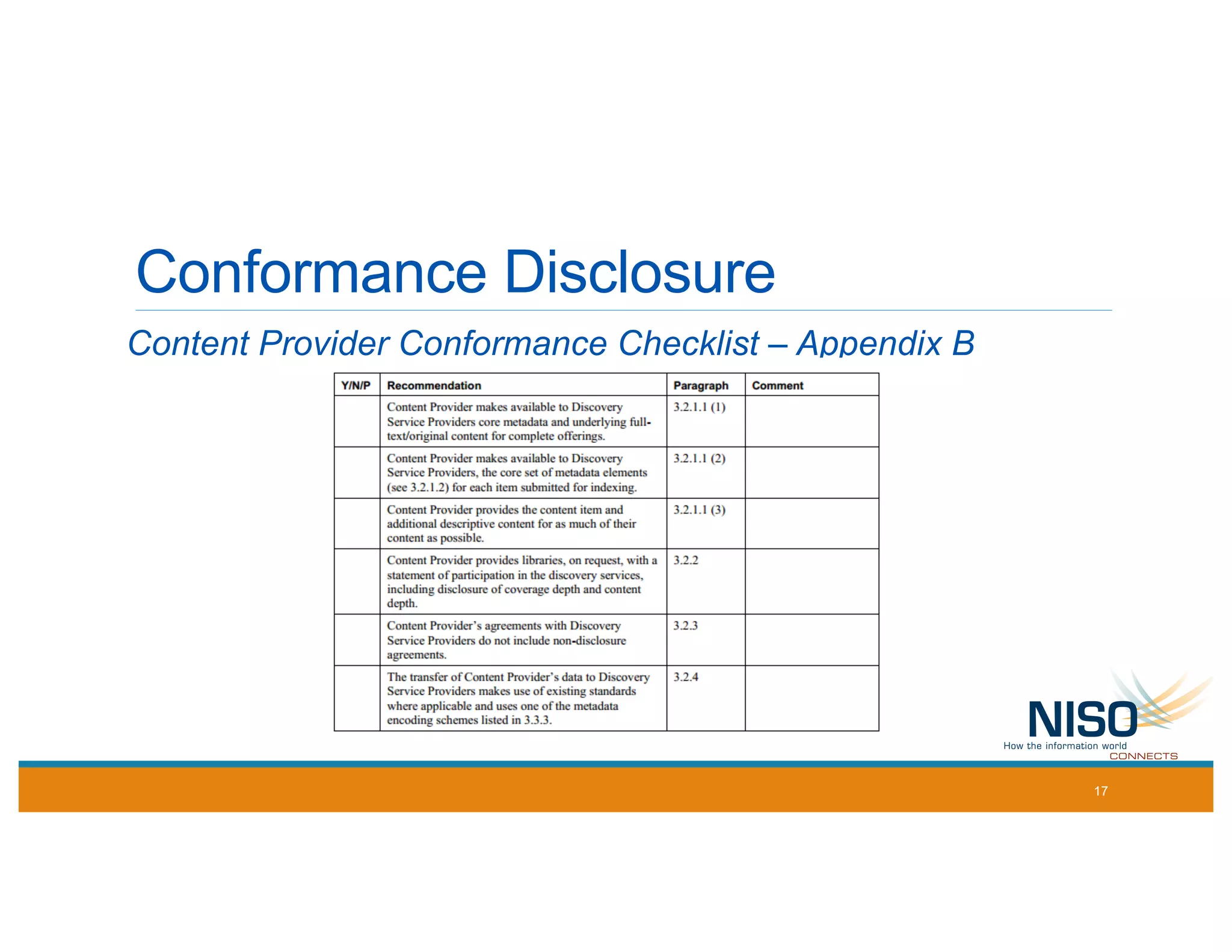 Conformance Disclosure
Content Provider Conformance Checklist – Appendix B
17
 