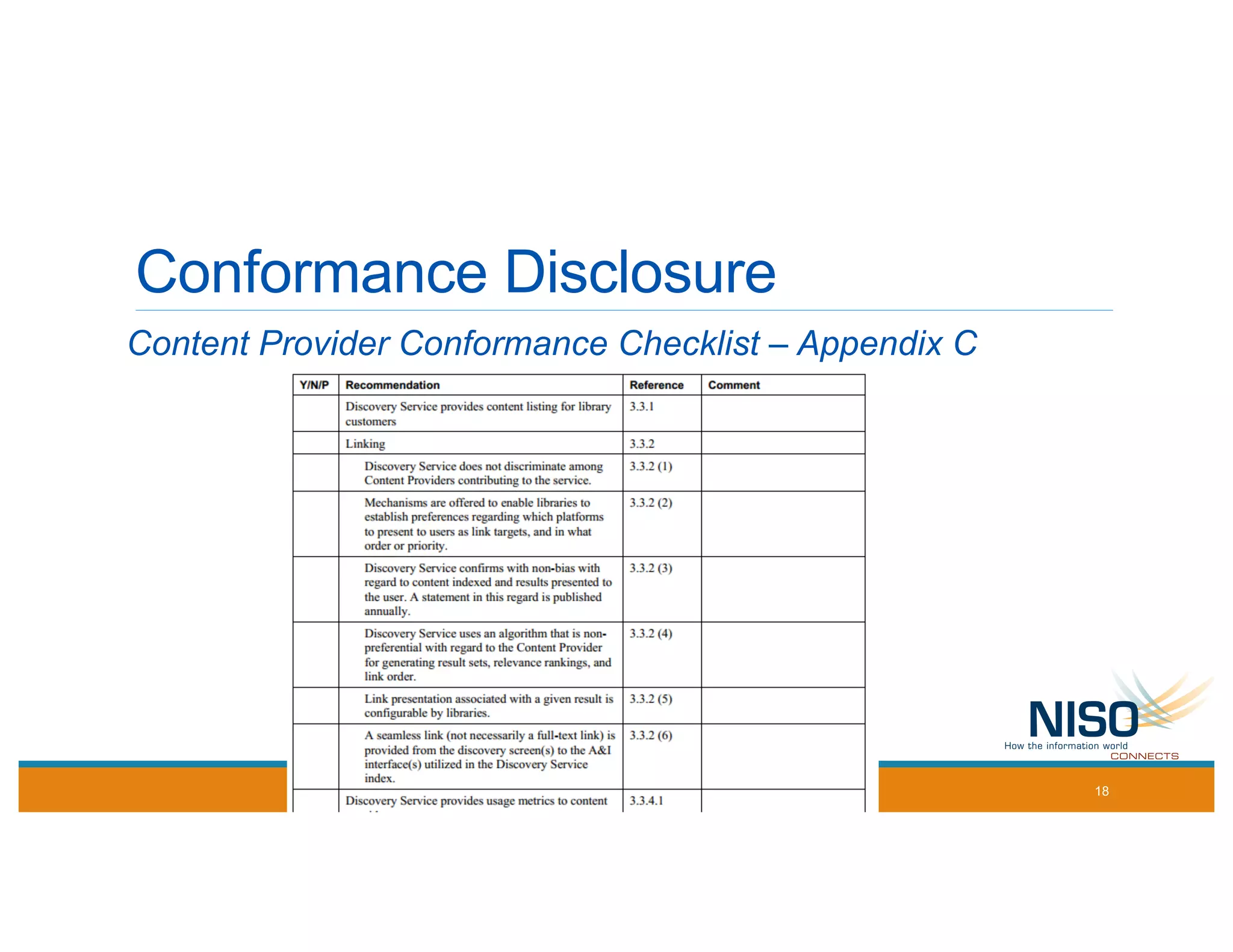 Conformance Disclosure
Content Provider Conformance Checklist – Appendix C
18
 