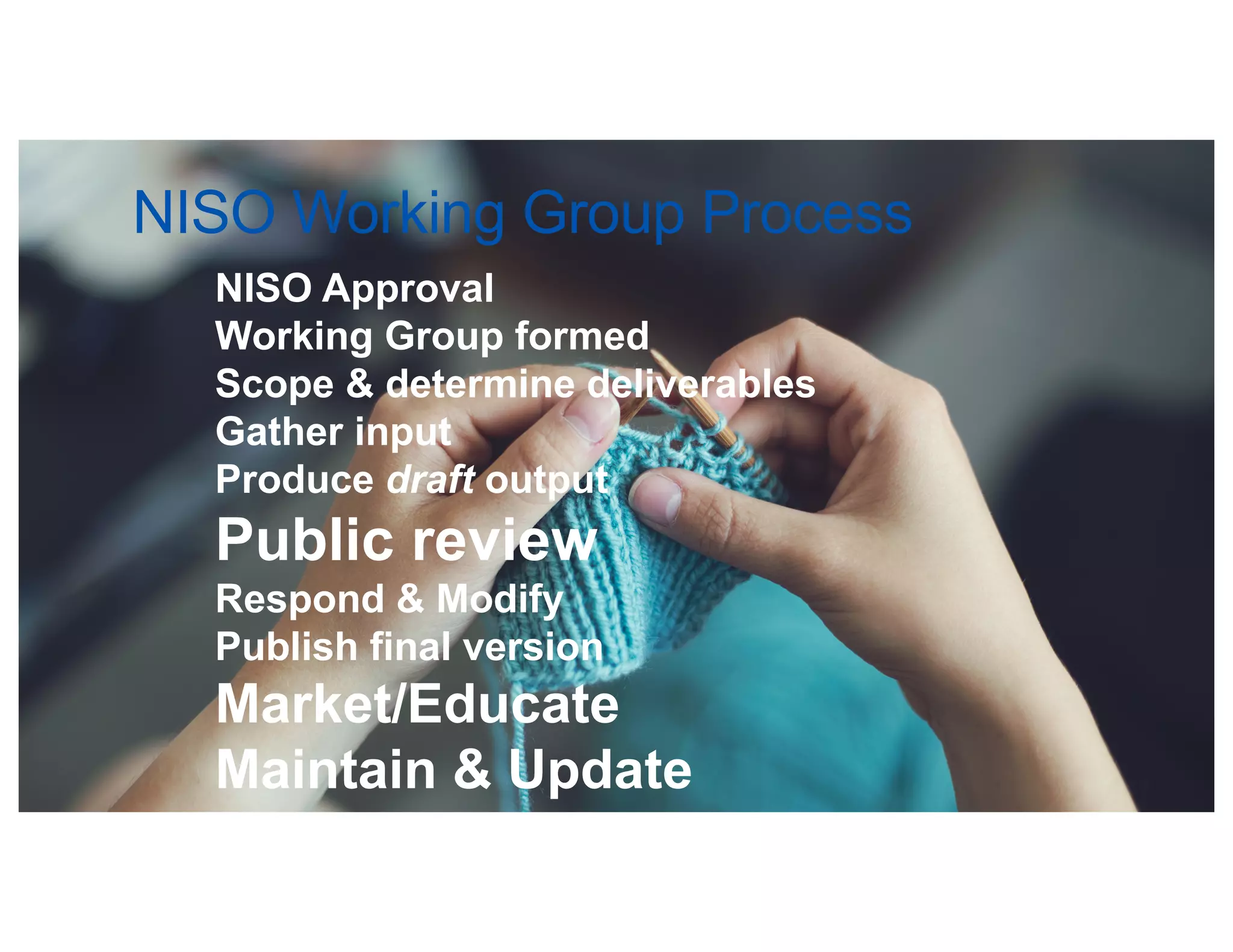 NISO Working Group Process
NISO Approval
Working Group formed
Scope & determine deliverables
Gather input
Produce draft output
Public review
Respond & Modify
Publish final version
Market/Educate
Maintain & Update
 
