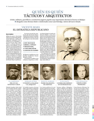 22   Documentos Inéditos de La Gaceta                                                                                                                    #3 EL FRACASO DEL GENERAL ROJO




                                           quiÉn es quiÉn
                                        tÁcticos y arquitectos
         civiles, militares, guerrilleros y aventureros jugaron papeles muy importantes durente la Guerra en Badajoz
                ● abogados como Serrano Suñer e intelectuales como Laín entralgo, valores del nuevo estado


                      Vicente rojo
               el estratega republicano
                                        en marzo de 1937 fue nom-          via donde dirigió la cátedra de
María Caballero
                                     brado jefe del estado Mayor           Historia Militar y arte de la
Militar de carrera –a los 13 años    central de las Fuerzas armadas        Guerra en su escuela de estado
ingresó en el internado Huérfa-      y del ejército de tierra. Fue una     Mayor. en 1957 logró hacer rea-
nos de Infantería–, católico, dis-   de las figuras más destacadas         lidad su deseo y regresar a espa-
ciplinado, ordenado y fiel al                                              ña pero se encontró con una
Gobierno de la República, el                                               desagradable sorpresa: un pro-
general Vicente Rojo (1894-          a este militar de                     ceso judicial por rebelión mili-
1966) se enfrentó durante la                                               tar del que salió condenado a
guerra a retos difíciles. Le tocó    carrera, católico                     cadena perpetua –lo indulta-
negociar con el general Moscar-      y disciplinado,                       ron–, interdicción civil e inhabi-
dó la rendición del alcázar de       le tocó organizar                     litación. “Se me ha reducido a la
toledo –donde él había sido pro-                                           muerte civil”, dijo él. Dedicó sus
fesor durante una década en la       la defensa de madrid                  últimos años de vida en Madrid
academia de Infantería–. Le                                                a escribir. Falleció en 1966.
cayó la responsabilidad de esta-                                              Los obituarios de la prensa
blecer la defensa de Madrid          del ejército republicano en las       nacional recordaron su rango de
cuando el Gobierno se trasladó       batallas de Belchite, teruel,         general, pero sólo El Alcázar, el
a Valencia, y fue el encargado de    Brunete y el ebro.                    periódico de los ex combatien-
la organización y movilización          Al terminar el conflicto vivió     tes franquistas, destacó su pres-
del estado Mayor republicano.        exiliado en argentina y en Boli-      tigio como militar. ●




      el campesino                     serrano súñer                         manuel almeiDa                         juan yagüe                            laín entralgo
        Del gulag                    Fusionó la Falange                      paDre Falangista                   guerra relÁmpago                           españa como
     soViÉtico a irÁn                   y el requetÉ                            De cristina                      en extremaDura                             problema
Valentín González (1904-1983)        al estallar la guerra, Serrano        Los inicios políticos de este        Soriano, militar y falangista,         como Dionisio Ridruejo, fue
fue un hombre iletrado, impul-       Súñer (1901-2003) era diputado        pacense (1914) fueron en la dere-    según se definió en los últimos        uno de los personajes contro-
sivo y arrojado. Y un supervi-       de la ceDa. Lo detuvo la Repú-        chista ceDa. en 1936, antes del      días de su vida. Su nacimiento         vertidos de la postguerra. Inte-
viente nato. Fue minero, legio-      blica, fue trasladado a un hospi-     alzamiento, fue detenido por         (1891) le sitúa como uno de los más    lectual del Régimen, consejero
nario, comunista, prófugo,           tal y se evadió. en 1939 fue ele-     esconder camisas azules y pisto-     jóvenes participantes del levanta-     nacional del Movimiento, res-
general de brigada con el ejér-      gido presidente de la Junta polí-     las que estaban destinadas a los     miento militar. De hecho, era el       ponsable de ediciones de la
cito republicano, y Miguel Her-      tica de las Fet y de las JONS.        falangistas de Huelva. tras su       elegido para iniciarlo en África,      Dirección de Propaganda, rec-
nández lo convirtió en icono del     Fue uno de los promotores de la       liberación se sumó a la columna      hasta el punto de que diseñó sus       tor de la complutense cuando
guerrillero. en sus memorias no      fusión de falangistas, requetés y     de Yagüe que avanzaba hacia          movimientos durante unas               Ruiz Giménez era ministro de
negó haber cometido crímenes.        jonsistas, que dio paso al Movi-      Badajoz, donde guió a las tropas     maniobras a principios de julio.       educación, Pedro Laín entral-
en teruel impuso la retirada a       miento Nacional. en 1940 fue          de Regulares que entraron en         amigo personal de José antonio,        go (1908-2011) se distanció
sus hombres, y en la batalla del     nombrado ministro de asunto           vanguardia en la ciudad. allí        su carrera política se vio truncada    paulatinamente de tales posi-
ebro la derrota le supuso la des-    exteriores. Se entrevistó con         señaló que “las banderas del         por su excesiva confianza en la vic-   ciones y en la transición, hizo
titución. el campesino huyó a la     Musssolini y Hitler, y fue el artí-   socialismo son de odio, destruc-     toria de Hitler: fue destituido del    su polémico Descargo de con-
URSS y al poco lo deportaron al      fice del encuentro en Hendaya.        ción y sangre”. Después conti-       ministerio del aire en 1940 y reha-    ciencia. Lo que está fuera de
gulag. también de ahí se esca-       en 1942 fue cesado como minis-        nuó en la guerra alistado en la      bilitado dos años después. De él se    duda, en cualquier caso, es su
pó. La fuga le costó varios inten-   tro. Retomó su carrera de abo-        Legión. tras eso desarrolló una      ha dicho que asesinó a miles de        altura de científico e historia-
tos y siete años de infierno, pero   gado y en 1945 pidió a Franco         larga carrera política en el régi-   personas tras la toma de Badajoz,      dor de la medicina y su inquie-
consiguió llegar –a pie– a Irán.     que emprendiera reformas en el        men de Franco hasta su muerte        un extremo que las últimas inves-      tud como pensador, que dejó de
De ahí pasó a Francia. Durante       régimen. Fundó la agencia eFe,        en 1999. Su hija, cristina almei-    tigaciones históricas han desmen-      manifiesto en su famoso ensa-
la transición regresó a españa .     Radio Intercontinental y la           da, es una gran defensora de la      tido, reduciéndolo a pocos cente-      yo España como problema
Murió solo y olvidado en 1983.       ONce.                                 Ley de Memoria Histórica.            nares. Murió en Burgos en 1952.        (1949).
 
