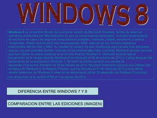 Windows 8 es el nombre oficial3 de la próxima versión de Microsoft Windows, familia de sistemas
operativos producidos por Microsoft para su uso en computadoras personales, incluidas computadoras
de escritorio en casa y de negocios,computadoras portátiles, netbooks, tablets, servidores y centros
 multimedia. Añade soporte para microprocesadores ARM, además de los microprocesadores
tradicionales x86 de Intel y AMD. Su interfaz de usuario ha sido modificada para hacerla más adecuada
para su uso con pantallas táctiles, además de los tradicionales ratón y teclado. Microsoft también anunció
que Aero Glass no estará presente en la versión final de Windows 8. Microsoft anunció que el
lanzamiento de la versión final de Windows 8 se efectuará el 26 de octubre de 2012,4 3 años después del
lanzamiento de su predecesor Windows 7. Se lanzó al público general una versión de
desarrollo ("Consumer Preview") el 29 de febrero de 2012. Microsoft finalmente anunció una versión casi
completa de Windows 8, la Release Preview, que fue lanzada el 31 de mayo de 2012 y es la última
versión preliminar de Windows 8 antes de su lanzamiento oficial. El desarrollo de Windows 8 concluyó
con el anuncio de la versión RTM el 1 de agosto de 2012.



       DIFERENCIA ENTRE WINDOWS 7 Y 8


COMPARACION ENTRE LAS EDICIONES (IMAGEN)
 