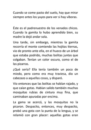 Cuando se come pasto del suelo, hay que mirar
siempre antes los yuyos para ver si hay víboras.
Éste es el padrenuestro de los venados chicos.
Cuando la gamita lo hubo aprendido bien, su
madre la dejó andar sola.
Una tarde, sin embargo, mientras la gamita
recorría el monte comiendo las hojitas
ti
ernas,
vio de pronto ante ella, en el hueco de un árbol
que estaba podrido, muchas bolitas juntas que
colgaban. Tenían un color oscuro, como el de
las pizarras.
¿Qué sería? Ella tenía también un poco de
miedo, pero como era muy traviesa, dio un
cabezazo a aquellas cosas, y disparó.
Vio entonces que las bolitas se habían rajado, y
que caían gotas. Habían salido también muchas
mosquitas rubias de cintura muy
fi
na, que
caminaban apuradas por encima.
La gama se acercó, y las mosquitas no la
picaron. Despacito, entonces, muy despacito,
probó una gota con la punta de la lengua, y se
relamió con gran placer: aquellas gotas eran
 