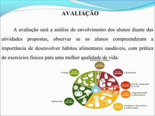A avaliação será a análise do envolvimento dos alunos diante das
atividades propostas, observar se os alunos compreenderam a
importância de desenvolver hábitos alimentares saudáveis, com prática
de exercícios físicos para uma melhor qualidade de vida.
AVALIAÇÃO
 