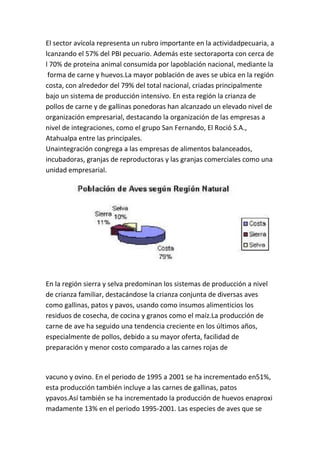 El sector avícola representa un rubro importante en la actividadpecuaria, a
lcanzando el 57% del PBI pecuario. Además este sectoraporta con cerca de
l 70% de proteína animal consumida por lapoblación nacional, mediante la
 forma de carne y huevos.La mayor población de aves se ubica en la región
costa, con alrededor del 79% del total nacional, criadas principalmente
bajo un sistema de producción intensivo. En esta región la crianza de
pollos de carne y de gallinas ponedoras han alcanzado un elevado nivel de
organización empresarial, destacando la organización de las empresas a
nivel de integraciones, como el grupo San Fernando, El Roció S.A.,
Atahualpa entre las principales.
Unaintegración congrega a las empresas de alimentos balanceados,
incubadoras, granjas de reproductoras y las granjas comerciales como una
unidad empresarial.




En la región sierra y selva predominan los sistemas de producción a nivel
de crianza familiar, destacándose la crianza conjunta de diversas aves
como gallinas, patos y pavos, usando como insumos alimenticios los
residuos de cosecha, de cocina y granos como el maíz.La producción de
carne de ave ha seguido una tendencia creciente en los últimos años,
especialmente de pollos, debido a su mayor oferta, facilidad de
preparación y menor costo comparado a las carnes rojas de


vacuno y ovino. En el periodo de 1995 a 2001 se ha incrementado en51%,
esta producción también incluye a las carnes de gallinas, patos
ypavos.Así también se ha incrementado la producción de huevos enaproxi
madamente 13% en el periodo 1995-2001. Las especies de aves que se
 