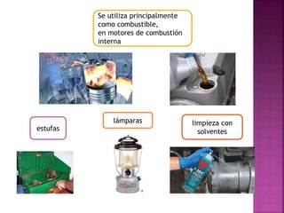 Se utiliza principalmente
como combustible,
en motores de combustión
interna
estufas
lámparas limpieza con
solventes
 