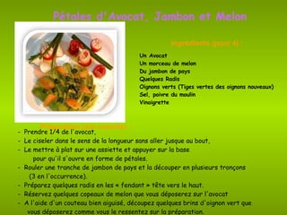 Pétales d'Avocat, Jambon et Melon -  Prendre 1/4 de l'avocat, -  Le ciseler dans le sens de la longueur sans aller jusque au bout, -  Le mettre à plat sur une assiette et appuyer sur la base  pour qu'il s'ouvre en forme de pétales.  -  Rouler une tranche de jambon de pays et la découper en plusieurs tronçons  (3 en l'occurrence).  -  Préparez quelques radis en les « fendant » tête vers le haut.  -  Réservez quelques copeaux de melon que vous déposerez sur l'avocat  -  A l'aide d'un couteau bien aiguisé, découpez quelques brins d'oignon vert que  vous déposerez comme vous le ressentez sur la préparation.   Un Avocat  Un morceau de melon  Du jambon de pays  Quelques Radis  Oignons verts (Tiges vertes des oignons nouveaux)  Sel, poivre du moulin  Vinaigrette Ingrédients (pour 4) : Préparation (par assiette) : 