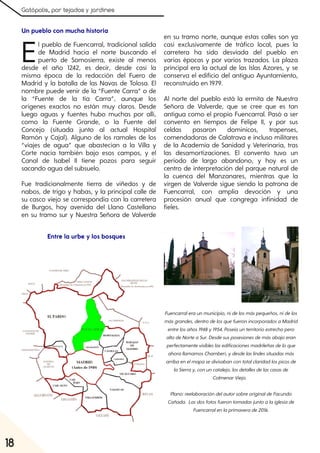 Gatópolis, por tejados y jardines
18
Un pueblo con mucha historia
El pueblo de Fuencarral, tradicional salida
de Madrid hacia el norte buscando el
puerto de Somosierra, existe al menos
desde el año 1242, es decir, desde casi la
misma época de la redacción del Fuero de
Madrid y la batalla de las Navas de Tolosa. El
nombre puede venir de la “Fuente Carra” o de
la “Fuente de la tía Carra”, aunque los
orígenes exactos no están muy claros. Desde
luego aguas y fuentes hubo muchas por allí,
como la Fuente Grande, o la Fuente del
Concejo (situada junto al actual Hospital
Ramón y Cajal). Alguno de los ramales de los
“viajes de agua” que abastecían a la Villa y
Corte nacía también bajo esos campos, y el
Canal de Isabel II tiene pozos para seguir
sacando agua del subsuelo.
Fue tradicionalmente tierra de viñedos y de
nabos, de trigo y habas, y la principal calle de
su casco viejo se correspondía con la carretera
de Burgos, hoy avenida del Llano Castellano
en su tramo sur y Nuestra Señora de Valverde
en su tramo norte, aunque estas calles son ya
casi exclusivamente de tráfico local, pues la
carretera ha sido desviada del pueblo en
varias épocas y por varios trazados. La plaza
principal era la actual de las Islas Azores, y se
conserva el edificio del antiguo Ayuntamiento,
reconstruido en 1979.
Al norte del pueblo está la ermita de Nuestra
Señora de Valverde, que se cree que es tan
antigua como el propio Fuencarral. Pasó a ser
convento en tiempos de Felipe II, y por sus
celdas pasaron dominicos, trapenses,
comendadoras de Calatrava e incluso militares
de la Academia de Sanidad y Veterinaria, tras
las desamortizaciones. El convento tuvo un
periodo de largo abandono, y hoy es un
centro de interpretación del parque natural de
la cuenca del Manzanares, mientras que la
virgen de Valverde sigue siendo la patrona de
Fuencarral, con amplia devoción y una
procesión anual que congrega infinidad de
fieles.
Fuencarraleraunmunicipio, nidelosmáspequeños, nidelos
másgrandes, dentrodelosquefueronincorporadosaMadrid
entrelosaños1948y1954. Poseíaunterritorioestrechopero
altodeNorteaSur. Desdesusposesionesdemásabajoeran
perfectamentevisibleslasedificacionesmadrileñasdeloque
ahorallamamosChamberí, ydesdelaslindessituadasmás
arribaenelmapasedivisabancontotalclaridadlospicosde
laSierray, conuncatalejo, losdetallesdelascasasde
ColmenarViejo.
Plano:reelaboracióndelautorsobreoriginaldeFacundo
Cañada. Lasdosfotosfuerontomadasjuntoalaiglesiade
Fuencarralenlaprimaverade2016.
18
Entre la urbe y los bosques
 