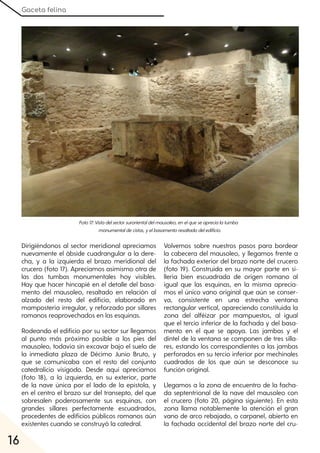 Gaceta felina
16
Dirigiéndonos al sector meridional apreciamos
nuevamente el ábside cuadrangular a la dere-
cha, y a la izquierda el brazo meridional del
crucero (foto 17). Apreciamos asimismo otra de
las dos tumbas monumentales hoy visibles.
Hay que hacer hincapié en el detalle del basa-
mento del mausoleo, resaltado en relación al
alzado del resto del edificio, elaborado en
mampostería irregular, y reforzado por sillares
romanos reaprovechados en las esquinas.
Rodeando el edificio por su sector sur llegamos
al punto más próximo posible a los pies del
mausoleo, todavía sin excavar bajo el suelo de
la inmediata plaza de Décimo Junio Bruto, y
que se comunicaba con el resto del conjunto
catedralicio visigodo. Desde aquí apreciamos
(foto 18), a la izquierda, en su exterior, parte
de la nave única por el lado de la epístola, y
en el centro el brazo sur del transepto, del que
sobresalen poderosamente sus esquinas, con
grandes sillares perfectamente escuadrados,
procedentes de edificios públicos romanos aún
existentes cuando se construyó la catedral.
Volvemos sobre nuestros pasos para bordear
la cabecera del mausoleo, y llegamos frente a
la fachada exterior del brazo norte del crucero
(foto 19). Construida en su mayor parte en si-
llería bien escuadrada de origen romano al
igual que las esquinas, en la misma aprecia-
mos el único vano original que aún se conser-
va, consistente en una estrecha ventana
rectangular vertical, apareciendo constituida la
zona del alféizar por mampuestos, al igual
que el tercio inferior de la fachada y del basa-
mento en el que se apoya. Las jambas y el
dintel de la ventana se componen de tres silla-
res, estando los correspondientes a las jambas
perforados en su tercio inferior por mechinales
cuadrados de los que aún se desconoce su
función original.
Llegamos a la zona de encuentro de la facha-
da septentrional de la nave del mausoleo con
el crucero (foto 20, página siguiente). En esta
zona llama notablemente la atención el gran
vano de arco rebajado, o carpanel, abierto en
la fachada occidental del brazo norte del cru-
Foto17:Vistadelsectorsurorientaldelmausoleo, enelqueseaprecialatumba
monumentaldecistas, yelbasamentoresaltadodeledificio.
 