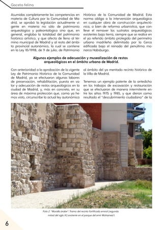 Gaceta felina
6
Asumidas completamente las competencias en
materia de Cultura por la Comunidad de Ma-
drid, se aprobó la legislación actualmente vi-
gente en materia no sólo de patrimonio
arqueológico y paleontológico sino que, en
general, engloba la totalidad del patrimonio
histórico artístico, y que afecta de lleno al tér-
mino municipal de Madrid y al resto del ámbi-
to provincial autonómico, la cual se contiene
en la Ley 10/1998, de 9 de julio, de Patrimonio
Histórico de la Comunidad de Madrid. Esta
norma obliga a la intervención arqueológica
en cualquier obra de construcción arquitectó-
nica, o bien de reforma urbanística, que con-
lleve el remover los sustratos arqueológicos
existentes bajo tierra, siempre que se realice en
el ya referido ámbito protegido del perímetro
urbano madrileño delimitado por la Cerca
edificada bajo el reinado del penúltimo mo-
narca Habsburgo.
Con anterioridad a la aprobación de la vigente
Ley de Patrimonio Histórico de la Comunidad
de Madrid, ya se efectuaron algunas labores
de preservación, rehabilitación, puesta en va-
lor y adecuación de restos arqueológicos en la
ciudad de Madrid, y, más en concreto, en su
área de máxima protección que, como ya he-
mos visto, circunscribe la actual ley autonómica
al ámbito del ya mentado recinto histórico de
la Villa de Madrid.
Tenemos un ejemplo patente de lo antedicho
en los trabajos de excavación y restauración
que se efectuaron de manera intermitente en-
tre los años 1975 y 1985, y que dieron como
resultado el “descubrimiento ciudadano” de la
Algunos ejemplos de adecuación y musealización de restos
arqueológicos en el ámbito urbano de Madrid.
Foto2:“Murallaárabe”:Tramodelrecintofortificadoemiral(segunda
mitaddelsigloIX)existenteenelparquedelemirMohamedI.
 