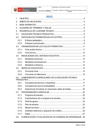 Código Denominación del Documento Normativo
XX-XXX-XX-MINEDU Lineamientos Académicos Generales para los Centros de Educación Técnico-
Productiva
Página 2 de 68
INDICE
1. OBJETIVO ............................................................................................................. 5
2. ÁMBITO DE APLICACIÓN.................................................................................... 5
3. BASE NORMATIVA............................................................................................... 5
4. GLOSARIO DE TÉRMINOS Y SIGLAS ................................................................ 6
5. DESARROLLO DE LA NORMA TÉCNICA........................................................... 8
5.1. EDUCACIÓN TÉCNICO-PRODUCTIVA........................................................... 8
5.2. ENFOQUES DE FORMACIÓN EN LOS CETPRO........................................... 8
5.2.1. Enfoque pedagógico................................................................................... 8
5.2.2. Enfoques transversales.............................................................................. 9
5.3. ORGANIZACIÓN DE LOS CICLOS FORMATIVOS....................................... 11
5.3.1. Ciclo auxiliar técnico:................................................................................ 11
5.3.2. Ciclo técnico:............................................................................................. 12
5.4. MODALIDADES DEL SERVICIO EDUCATIVO.............................................. 13
5.4.1. Modalidad presencial................................................................................ 13
5.4.2. Modalidad semipresencial........................................................................ 13
5.4.3. Modalidad a distancia............................................................................... 14
5.5. MODELOS EDUCATIVOS .............................................................................. 15
5.5.1. Formación Dual ........................................................................................ 15
5.5.2. Formación en Alternancia......................................................................... 16
5.6. COMPONENTES CURRÍCULARES DE LA EDUCACIÓN TÉCNICO-
PRODUCTIVA............................................................................................................. 17
5.6.1. Competencias técnicas o específicas...................................................... 17
5.6.2. Competencias para la empleabilidad ....................................................... 17
5.6.3. Experiencias formativas en situaciones reales de trabajo....................... 20
5.7. PROGRAMACIÓN CURRICULAR .................................................................. 22
5.7.1. Programa de estudios .............................................................................. 22
5.7.2. Características de un programa de estudios ........................................... 22
5.7.3. Perfil de egreso......................................................................................... 23
5.7.4. Plan de estudios ....................................................................................... 23
5.7.5. Módulo formativo ...................................................................................... 25
5.7.6. Unidades didácticas y asignación de créditos ......................................... 25
5.7.7. Silabo ........................................................................................................ 27
5.8. PLANIFICACIÓN Y EVALUACIÓN DE ACTIVIDADES DE APRENDIZAJE . 28
 