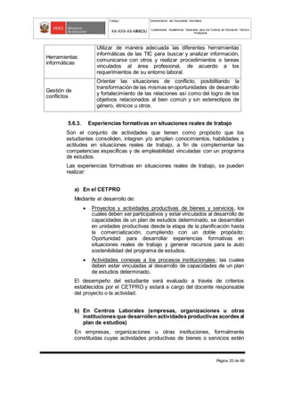 Código Denominación del Documento Normativo
XX-XXX-XX-MINEDU Lineamientos Académicos Generales para los Centros de Educación Técnico-
Productiva
Página 20 de 68
Herramientas
informáticas
Utilizar de manera adecuada las diferentes herramientas
informáticas de las TIC para buscar y analizar información,
comunicarse con otros y realizar procedimientos o tareas
vinculados al área profesional, de acuerdo a los
requerimientos de su entorno laboral.
Gestión de
conflictos
Orientar las situaciones de conflicto, posibilitando la
transformación de las mismas enoportunidades de desarrollo
y fortalecimiento de las relaciones así como del logro de los
objetivos relacionados al bien común y sin estereotipos de
género, étnicos u otros.
5.6.3. Experiencias formativas en situaciones reales de trabajo
Son el conjunto de actividades que tienen como propósito que los
estudiantes consoliden, integren y/o amplíen conocimientos, habilidades y
actitudes en situaciones reales de trabajo, a fin de complementar las
competencias específicas y de empleabilidad vinculadas con un programa
de estudios.
Las experiencias formativas en situaciones reales de trabajo, se pueden
realizar:
a) En el CETPRO
Mediante el desarrollo de:
 Proyectos y actividades productivas de bienes y servicios, los
cuales deben ser participativos y estar vinculados al desarrollo de
capacidades de un plan de estudios determinado, se desarrollan
en unidades productivas desde la etapa de la planificación hasta
la comercialización, cumpliendo con un doble propósito:
Oportunidad para desarrollar experiencias formativas en
situaciones reales de trabajo y generar recursos para la auto
sostenibilidad del programa de estudios.
 Actividades conexas a los procesos institucionales; las cuales
deben estar vinculadas al desarrollo de capacidades de un plan
de estudios determinado.
El desempeño del estudiante será evaluado a través de criterios
establecidos por el CETPRO y estará a cargo del docente responsable
del proyecto o la actividad.
b) En Centros Laborales (empresas, organizaciones u otras
instituciones que desarrollen actividades productivas acordes al
plan de estudios)
En empresas, organizaciones u otras instituciones, formalmente
constituidas cuyas actividades productivas de bienes o servicios estén
 