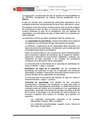 Código Denominación del Documento Normativo
XX-XXX-XX-MINEDU Lineamientos Académicos Generales para los Centros de Educación Técnico-
Productiva
Página 24 de 68
La organización y el desarrollo del plan de estudios es responsabilidad de
los CETPRO, considerando los criterios técnicos establecidos por el
MINEDU.
El plan de estudios tiene características particulares dependiendo de la
modalidad (presencial, semipresencial, formación dual, alternancia u otras).
Para elaborar el plan de estudios,se debe analizar cada una de las unidades
de competencia e inferir de ellas un conjunto de capacidades que deben
conducir finalmente al logro de la competencia. Una vez definidas las
capacidades y sus indicadores de logro, se debe definir los contenidos por
cada capacidad.
Los elementos mínimos que debe considerar el plan de estudios son:
- Las capacidades de aprendizaje, devienen del análisis de la unidad de
competencia y los indicadores de logro del programa de estudios.
La definición y organización de las capacidades debe responder a la
lógica del proceso de aprendizaje, considerando, qué necesita aprender
el estudiante para lograr la competencia.
Deben ser estructuradas en una secuencia de pasos interrelacionados
para la activación cognitiva del estudiante, que le asegure la reflexión,
adquisición y aplicación de conocimientos, habilidades y actitudes. Los
indicadores de logro asociados a las unidades de competencia
contribuyen en la formulación de las capacidades.
La estructura para la formulación de la capacidad de aprendizaje es:
verbo en infinitivo + objeto + condición.
- Indicadores de logro de la capacidad, son los resultados de
aprendizaje que evidencian el logro de la capacidad, son evidencias
observables y medibles. Proporcionan información sobre el avance en el
proceso del logro de las capacidades de aprendizaje.
La estructura para la formulación del indicador de logro es: verbo en
presente indicativo + objeto + condición.
Contenido de aprendizaje, Son saberes de tipo conceptual,
procedimental y actitudinal, que constituyen un medio para lograr el
desarrollo de las capacidades de aprendizaje. La determinación de los
contenidos parte del análisis de la competencia y sus capacidades de
aprendizaje y responden a las tendencias actuales vinculadas al ámbito
de la ciencia, la tecnología y las demandas del sector productivo; se
enuncian y organizan de lo simple a lo complejo, de lo general a lo
específico.
- Los contenidos conceptuales responden a los aspectos
relacionados a hechos, datos, conceptos;
- Los contenidos procedimentales sugieren acción, formas de
hacer algo, el saber hacer;
 
