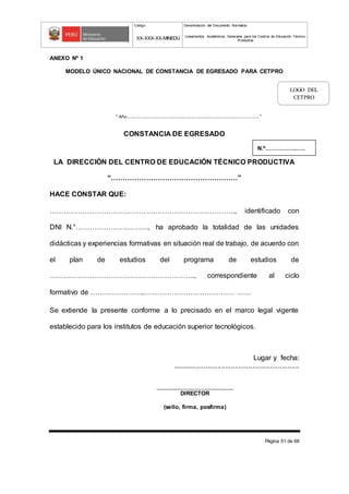 Código Denominación del Documento Normativo
XX-XXX-XX-MINEDU Lineamientos Académicos Generales para los Centros de Educación Técnico-
Productiva
Página 51 de 68
ANEXO Nº 1
MODELO ÚNICO NACIONAL DE CONSTANCIA DE EGRESADO PARA CETPRO
CONSTANCIA DE EGRESADO
LA DIRECCIÓN DEL CENTRO DE EDUCACIÓN TÉCNICO PRODUCTIVA
“………………………………………………”
HACE CONSTAR QUE:
……………………………………………………………………., identificado con
DNI N.°…………………………., ha aprobado la totalidad de las unidades
didácticas y experiencias formativas en situación real de trabajo, de acuerdo con
el plan de estudios del programa de estudios de
…………………………………………………….., correspondiente al ciclo
formativo de …………………..………………………………… ……
Se extiende la presente conforme a lo precisado en el marco legal vigente
establecido para los institutos de educación superior tecnológicos.
Lugar y fecha:
.................................................................
___________________________
DIRECTOR
(sello, firma, posfirma)
LOGO DEL
CETPRO
" Año…………………………………………………………………………………………………………”
N.º……………..….
 
