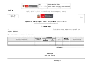 Código Denominación del Documento Normativo
XX-XXX-XX-MINEDU Lineamientos Académicos Generales para los Centros de Educación Técnico-
Productiva
Página 52 de 68
ANEXO Nº 2
MODELO ÚNICO NACIONAL DE CERTIFICADO DE ESTUDIOS PARA CETPRO
Centro de Educación Técnico Productiva (público/privado)
“……………………………….………..…….”
CERTIFICA
que …………………………………………………………............................................................. ha cursado las unidades didácticas, que se indican en el
programa de estudios: …………………………………..............................................................................................................................................
El resultado final de las evaluaciones fue el siguiente:
Unidades didácticas
Número de
créditos
Calificación
Año
Periodo
académico
ObservacionesEn
números
En
letras
Lugar y fecha ……………………………………………………
___________________________
DIRECTOR
(sello, firma, posfirma)
FOTO
LOGO DEL
CETPRO
 