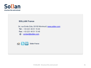 SOLLAN France
54, rue Emile Zola, 93100 Montreuil | www.sollan.com
Tél : +33 (0)1 48 51 15 40
Fax : +33 (0)1 48 51 15 48
@ : contact@sollan.com

Sollan France

© SOLLAN - Structure the unstructured

31

 