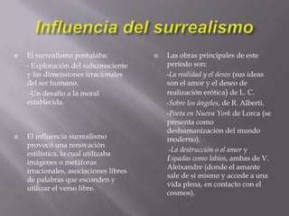 Muere en Madrid.JORGE GUILLÉN Nace en Valladolid en 1893. Como Salinas, fue profesor universitario (Sevilla, Oxford, Murcia). En el exilio estuvo en EE.UU. y en Italia. Regresa a Málaga, donde muere en 1984. Recibió el premio Cervantes en 1977.Guillén es el máximo representante de la poesía pura dentro de su Generación. En sus poemas se observa una estilización de la realidad, una depuración hasta quedarse con lo más esencial de las cosas. Su estilo está al servicio de dicha depuración. Posee un lenguaje muy elaborado, muy selectivo, que renuncia al efectismo: una poesía fría (sobre todo en un primer contacto), difícil, pero de gran calidad artística. 