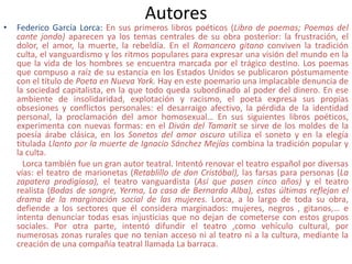 Autores
• Federico García Lorca: En sus primeros libros poéticos (Libro de poemas; Poemas del
cante jondo) aparecen ya los temas centrales de su obra posterior: la frustración, el
dolor, el amor, la muerte, la rebeldía. En el Romancero gitano conviven la tradición
culta, el vanguardismo y los ritmos populares para expresar una visión del mundo en la
que la vida de los hombres se encuentra marcada por el trágico destino. Los poemas
que compuso a raíz de su estancia en los Estados Unidos se publicaron póstumamente
con el título de Poeta en Nueva York. Hay en este poemario una implacable denuncia de
la sociedad capitalista, en la que todo queda subordinado al poder del dinero. En ese
ambiente de insolidaridad, explotación y racismo, el poeta expresa sus propias
obsesiones y conflictos personales: el desarraigo afectivo, la pérdida de la identidad
personal, la proclamación del amor homosexual… En sus siguientes libros poéticos,
experimenta con nuevas formas: en el Diván del Tamarit se sirve de los moldes de la
poesía árabe clásica, en los Sonetos del amor oscuro utiliza el soneto y en la elegía
titulada Llanto por la muerte de Ignacio Sánchez Mejías combina la tradición popular y
la culta.
Lorca también fue un gran autor teatral. Intentó renovar el teatro español por diversas
vías: el teatro de marionetas (Retablillo de don Cristóbal), las farsas para personas (La
zapatera prodigiosa), el teatro vanguardista (Así que pasen cinco años) y el teatro
realista (Bodas de sangre, Yerma, La casa de Bernarda Alba), estas últimas reflejan el
drama de la marginación social de las mujeres. Lorca, a lo largo de toda su obra,
defiende a los sectores que él considera marginados: mujeres, negros , gitanos,… e
intenta denunciar todas esas injusticias que no dejan de cometerse con estos grupos
sociales. Por otra parte, intentó difundir el teatro ,como vehículo cultural, por
numerosas zonas rurales que no tenían acceso ni al teatro ni a la cultura, mediante la
creación de una compañía teatral llamada La barraca.
 