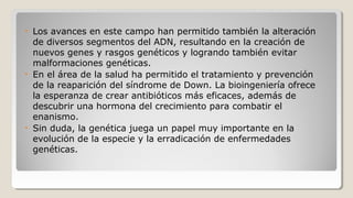 • Los avances en este campo han permitido también la alteración
de diversos segmentos del ADN, resultando en la creación de
nuevos genes y rasgos genéticos y logrando también evitar
malformaciones genéticas.
• En el área de la salud ha permitido el tratamiento y prevención
de la reaparición del síndrome de Down. La bioingeniería ofrece
la esperanza de crear antibióticos más eficaces, además de
descubrir una hormona del crecimiento para combatir el
enanismo.
• Sin duda, la genética juega un papel muy importante en la
evolución de la especie y la erradicación de enfermedades
genéticas.
 