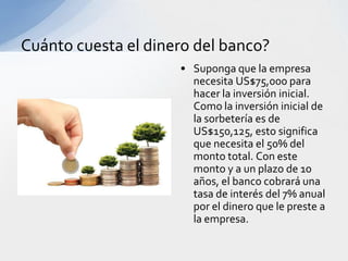 Cuánto cuesta el dinero del banco?
                     • Suponga que la empresa
                       necesita US$75,000 para
                       hacer la inversión inicial.
                       Como la inversión inicial de
                       la sorbetería es de
                       US$150,125, esto significa
                       que necesita el 50% del
                       monto total. Con este
                       monto y a un plazo de 10
                       años, el banco cobrará una
                       tasa de interés del 7% anual
                       por el dinero que le preste a
                       la empresa.
 