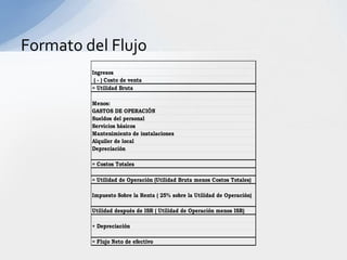 Formato del Flujo
         Ingresos
          ( - ) Costo de venta
         = Utilidad Bruta

         Menos:
         GASTOS DE OPERACIÓN
         Sueldos del personal
         Servicios básicos
         Mantenimiento de instalaciones
         Alquiler de local
         Depreciación

         = Costos Totales

         = Utilidad de Operación (Utilidad Bruta menos Costos Totales)

         Impuesto Sobre la Renta ( 25% sobre la Utilidad de Operación)

         Utilidad después de ISR ( Utilidad de Operación menos ISR)

         + Depreciación

         = Flujo Neto de efectivo
 