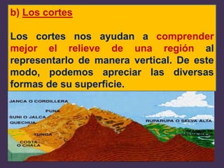 b) Los cortes
Los cortes nos ayudan a comprender
mejor el relieve de una región al
representarlo de manera vertical. De este
modo, podemos apreciar las diversas
formas de su superficie.
 