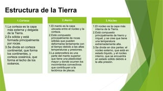 Estructura de la Tierra
1.Corteza
1.La corteza es la capa
más externa y delgada
de la Tierra.
2.Es sólida y está
formada principalmente
por rocas.
3.Se divide en corteza
continental, que forma
los continentes, y
corteza oceánica, que
forma el lecho de los
océanos.
2.Manto
1.El manto es la capa
ubicada entre el núcleo y la
corteza.
2.Está compuesto
principalmente de rocas
sólidas que pueden
deformarse lentamente con
el tiempo debido a las altas
temperaturas y presiones.
3.La astenosfera es una
parte del manto superior
que tiene una plasticidad
mayor y donde ocurren los
movimientos convectivos
que contribuyen a la
tectónica de placas.
3.Núcleo
1.El núcleo es la capa más
interna de la Tierra.
2.Está compuesto
principalmente de hierro y
níquel, y se cree que tiene
una temperatura
extremadamente alta.
3.Se divide en dos partes: el
núcleo externo, que está en
estado líquido, y el núcleo
interno, que se encuentra
en estado sólido debido a
la alta presión.
 