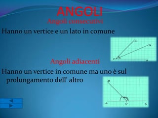 ANGOLI
              Angoli consecutivi
Hanno un vertice e un lato in comune



               Angoli adiacenti
Hanno un vertice in comune ma uno è sul
 prolungamento dell’ altro
 