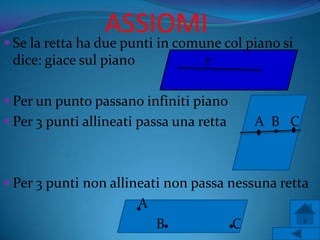 ASSIOMI
 Se la retta ha due punti in comune col piano si
 dice: giace sul piano             r

 Per un punto passano infiniti piano
 Per 3 punti allineati passa una retta       A B C



 Per 3 punti non allineati non passa nessuna retta
                         A
                             B            C
 