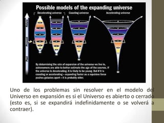 Uno de los problemas sin resolver en el modelo del Universo en expansión es si el Universo es abierto o cerrado (esto es, si se expandirá indefinidamente o se volverá a contraer).