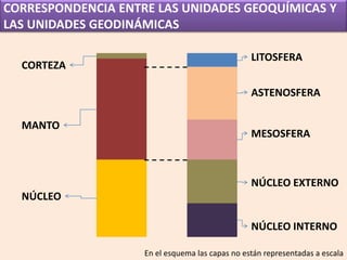 CORRESPONDENCIA ENTRE LAS UNIDADES GEOQUÍMICAS Y
LAS UNIDADES GEODINÁMICAS
LITOSFERA
MESOSFERA
NÚCLEO EXTERNO
NÚCLEO INTERNO
ASTENOSFERA
CORTEZA
MANTO
NÚCLEO
En el esquema las capas no están representadas a escala
 