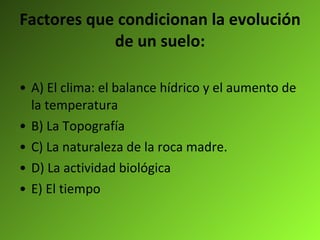 Factores que condicionan la evolución de un suelo: A) El clima: el balance hídrico y el aumento de la temperatura B) La Topografía C) La naturaleza de la roca madre. D) La actividad biológica E) El tiempo 