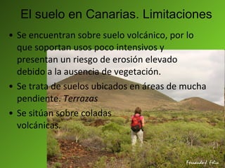 El suelo en Canarias. Limitaciones Se encuentran sobre suelo volcánico, por lo que soportan usos poco intensivos y presentan un riesgo de erosión elevado debido a la ausencia de vegetación. Se trata de suelos ubicados en áreas de mucha pendiente.  Terrazas Se sitúan sobre coladas  volcánicas. 