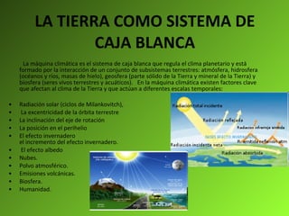 LA TIERRA COMO SISTEMA DE CAJA BLANCA La máquina climática es el sistema de caja blanca que regula el clima planetario y está formado por la interacción de un conjunto de subsistemas terrestres: atmósfera, hidrosfera (océanos y ríos, masas de hielo), geosfera (parte sólido de la Tierra y mineral de la Tierra) y biosfera (seres vivos terrestres y acuáticos).   En la máquina climática existen factores clave que afectan al clima de la Tierra y que actúan a diferentes escalas temporales: Radiación solar   (ciclos de Milankovitch),          La excentricidad de la órbita terrestre La inclinación del eje de rotación La posición en el perihelio El efecto invernadero  y el incremento del efecto invernadero.  El efecto albedo Nubes. Polvo atmosférico. Emisiones volcánicas.  Biosfera. Humanidad. 