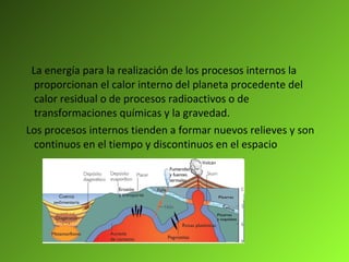 La energía para la realización de los procesos internos la proporcionan el calor interno del planeta procedente del calor residual o de procesos radioactivos o de transformaciones químicas y la gravedad. Los procesos internos tienden a formar nuevos relieves y son continuos en el tiempo y discontinuos en el espacio 