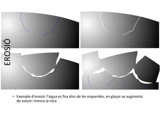 • Exemple d’erosió: l’aigua es fica dins de les esquerdes, en glaçar-se augmenta
de volum i trenca la roca
EROSIÓ
 