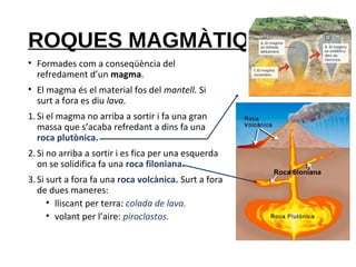 ROQUES MAGMÀTIQUES:
• Formades com a conseqüència del
refredament d’un magma.
• El magma és el material fos del mantell. Si
surt a fora es diu lava.
1.Si el magma no arriba a sortir i fa una gran
massa que s’acaba refredant a dins fa una
roca plutònica.
2.Si no arriba a sortir i es fica per una esquerda
on se solidifica fa una roca filoniana.
3.Si surt a fora fa una roca volcànica. Surt a fora
de dues maneres:
• lliscant per terra: colada de lava.
• volant per l’aire: piroclastos.
Roca filoniana
 