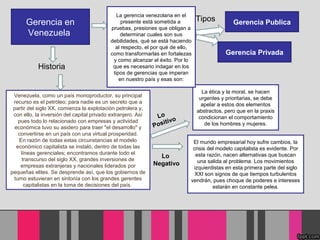 Gerencia en
Venezuela
Historia
Venezuela, como un país monoproductor, su principal
recurso es el petróleo; para nadie es un secreto que a
partir del siglo XX, comienza la explotación petrolera y,
con ello, la inversión del capital privado extranjero. Así
pues todo lo relacionado con empresas y actividad
económica tuvo su asidero para traer "el desarrollo" y
convertirse en un país con una virtual prosperidad.
En razón de todas estas circunstancias el modelo
económico capitalista se instaló, dentro de todas las
líneas gerenciales; encontramos durante todo el
transcurso del siglo XX, grandes inversiones de
empresas extranjeras y nacionales liderados por
pequeñas elites. Se desprende así, que los gobiernos de
turno estuvieran en sintonía con los grandes gerentes
capitalistas en la toma de decisiones del país.
Lo
Positivo
La ética y la moral, se hacen
urgentes y prioritarias, se debe
apelar a estos dos elementos
abstractos, pero que en la praxis
condicionan el comportamiento
de los hombres y mujeres.
Lo
Negativo
El mundo empresarial hoy sufre cambios, la
crisis del modelo capitalista es evidente. Por
esta razón, nacen alternativas que buscan
una salida al problema. Los movimientos
izquierdistas en esta primera parte del siglo
XXI son signos de que tiempos turbulentos
vendrán, pues choque de poderes e intereses
estarán en constante pelea.
Gerencia PublicaTipos
Gerencia Privada
La gerencia venezolana en el
presente está sometida a
pruebas, presiones que obligan a
determinar cuales son sus
debilidades, qué se está haciendo
al respecto, el por qué de ello,
como transformarlas en fortalezas
y como alcanzar el éxito. Por lo
que es necesario indagar en los
tipos de gerencias que imperan
en nuestro país y esas son:
 
